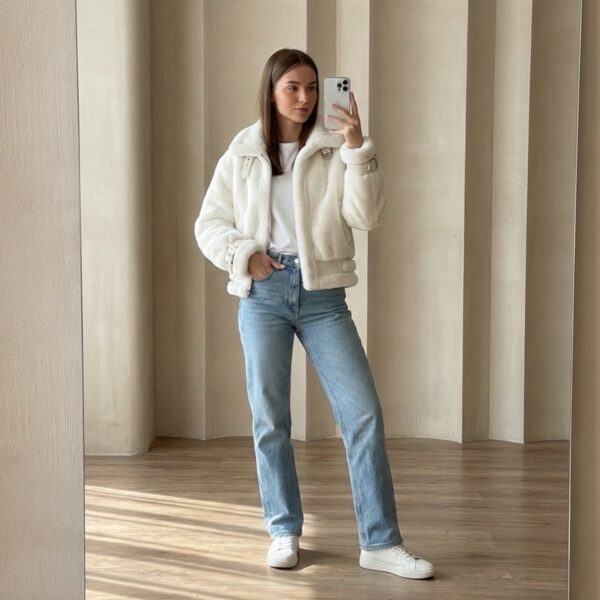 White faux fur jacket Fisherfield winter style VIP Time Jordan